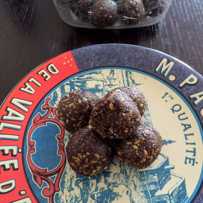 Dark Chocolate Energy Bites:  Healthy snack bites made with cocoa, nuts, seeds and dates.  No processed sugars.