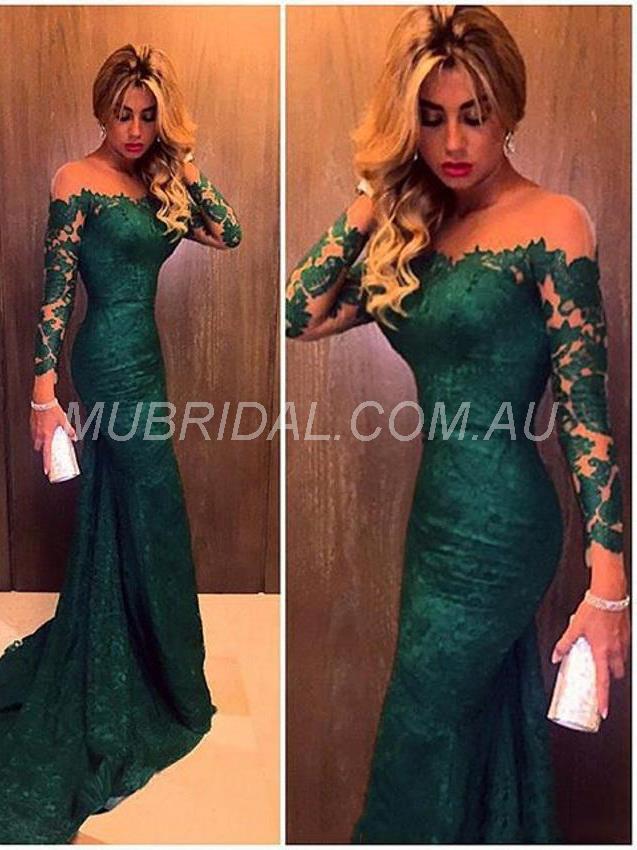  Green Spring Off-the-Shoulder Long Sleeves Evening All Sizes Trumpet/Mermaid Winter Dress 