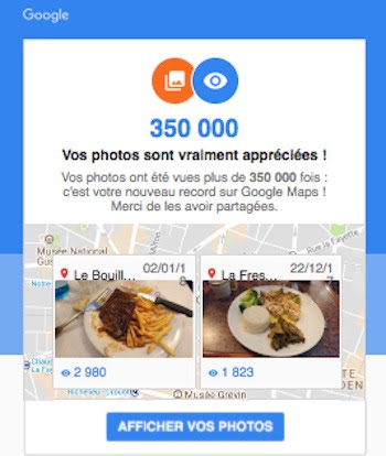 GL local guide : 350000 vues Capture d'écran du mail précisant le succès remporté par les photos mises en ligne