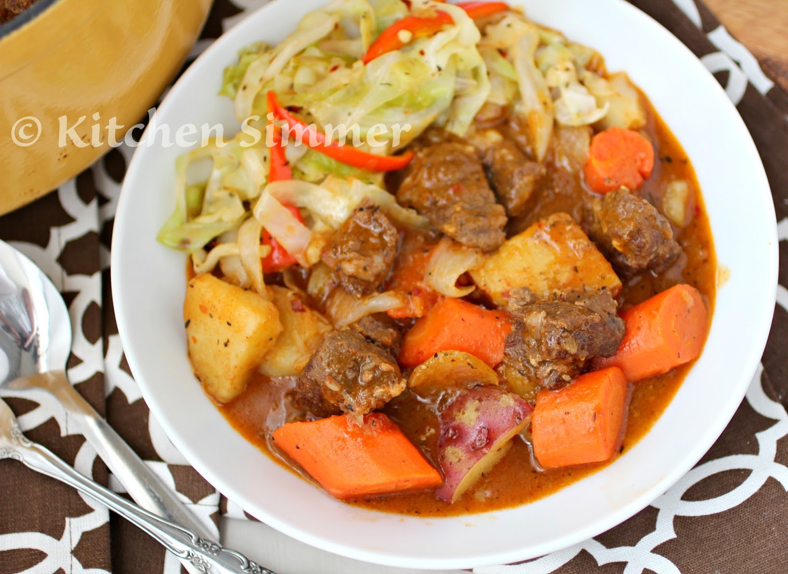 Kitchen Simmer Beef and Bacon Stew with Sauteed Cabbage