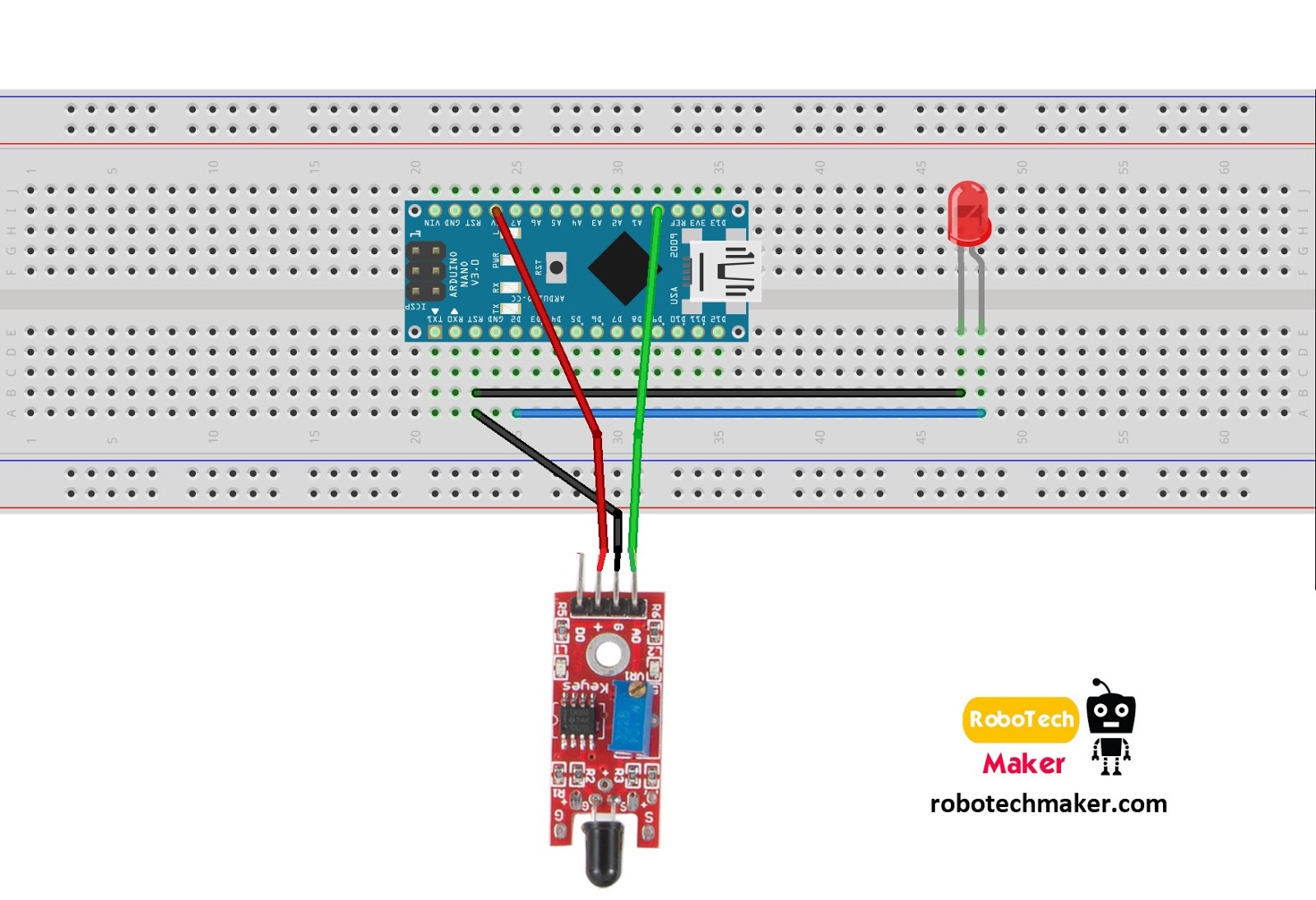 Circuit diagram of flame sensor with arduino.