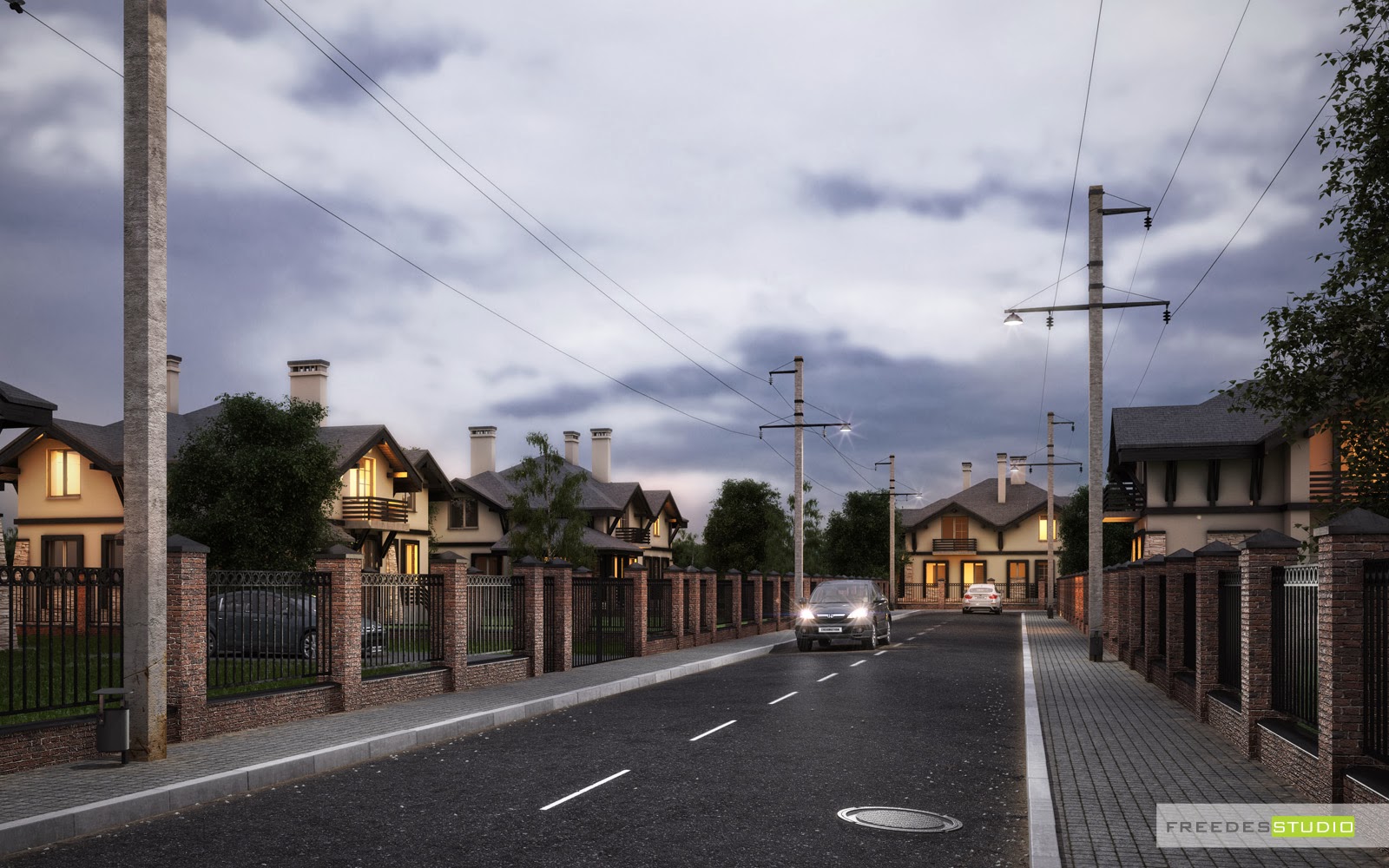 тротуар в коттеджном поселке. кп алексеевский воронеж. визуализация улиц. дачный поселок рендер. рендер улицы.