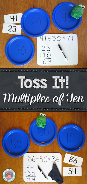 Actively engage your first and second graders while adding and subtracting multiples of ten with Toss It!