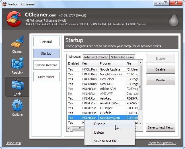 التحكم في البرامج التي تعمل مع الويندوز ببرنامج ccleaner