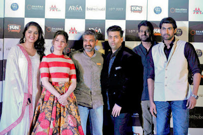 Anushka Shetty, Tamannaah Bhatia, Rajamouli, Karan Johar, Prabhas, Rana Daggubati at the trailer launch of the Hindi version of Baahubali 2 Anushka Shetty, Tamannaah Bhatia, Rajamouli, Karan Johar, Prabhas, Rana Daggubati at the trailer launch of the Hindi version of Baahubali 2