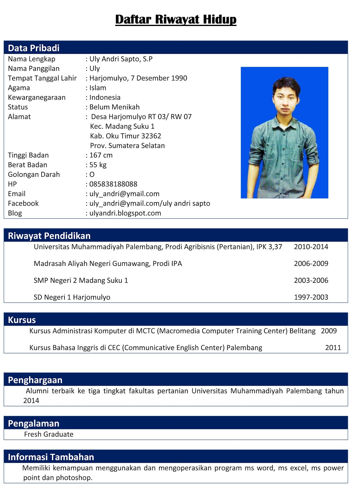 Contoh Daftar Riwayat Hidup Singkat Padat Jelas