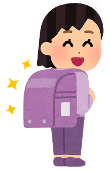 紫色のランドセルを背負う小学生のイラスト（女の子）