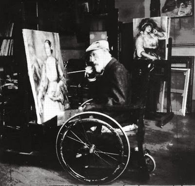Photograph of Renoir painting while seated in a wheelchair.