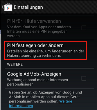 Google Play - in den Einstellungen auf PIN festlegen tippen, um eine PIN gegen unbeabsichtigte Käufe einzurichten