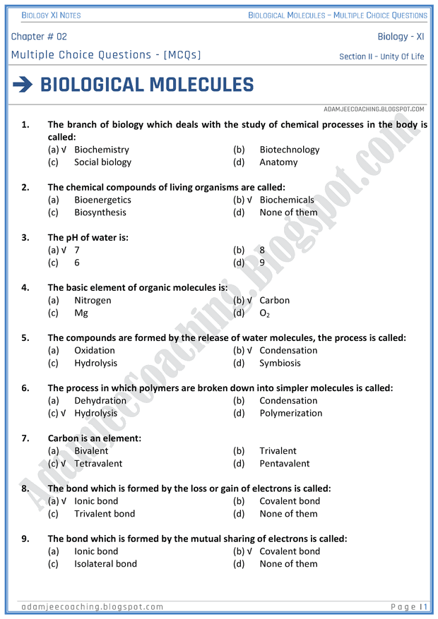 Adamjee Coaching Biological Molecules MCQs Biology 11th