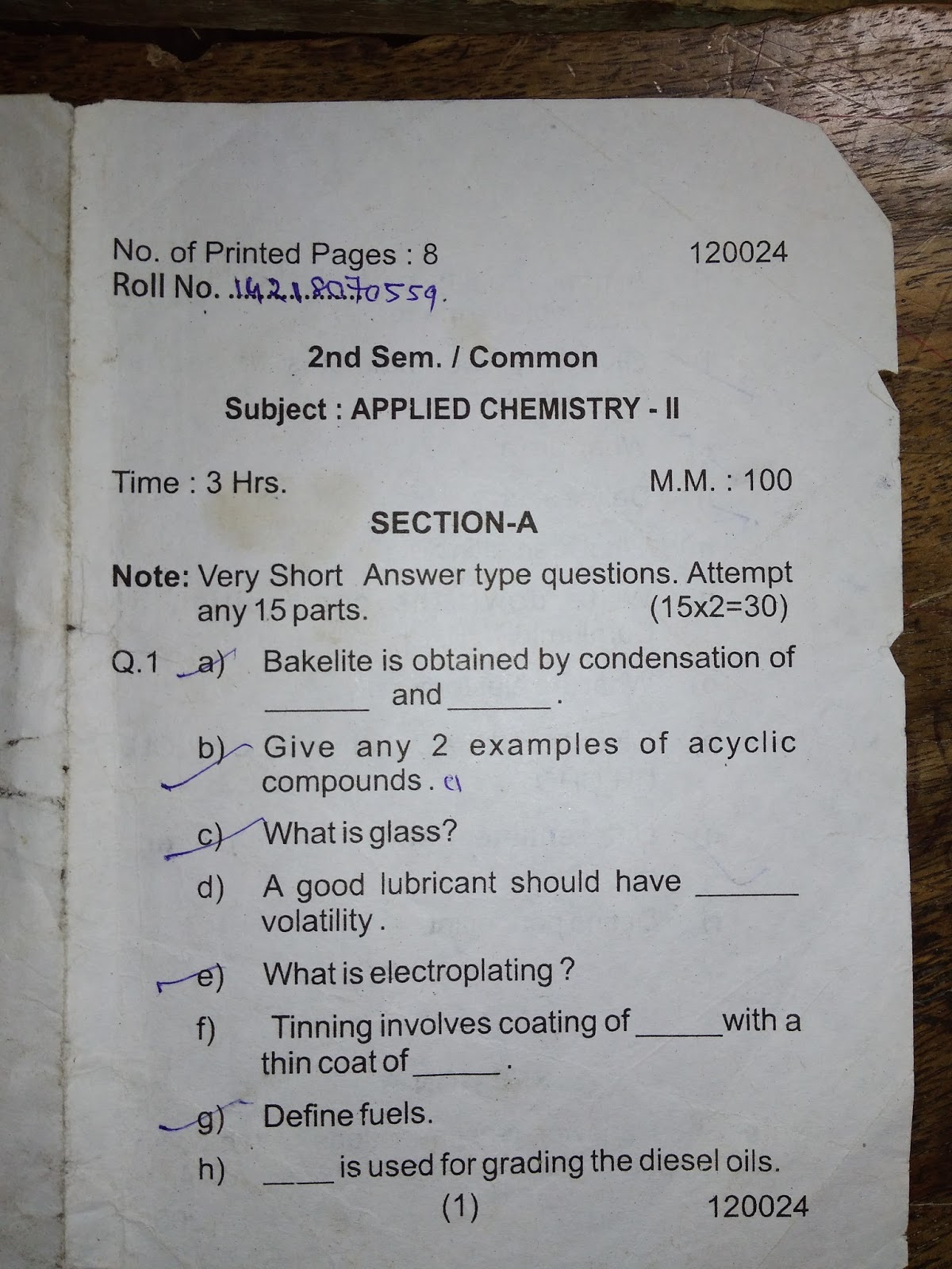 HSBTE Chemistry 2nd Semester Question Paper 20172018 Civil