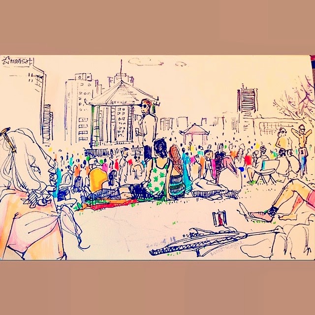 Mont-Royal TamTam Portrait of Montrealer, Montreal urbansketch, sketchbook, live drawing, Mont-Royal, sunbathing crowd in park