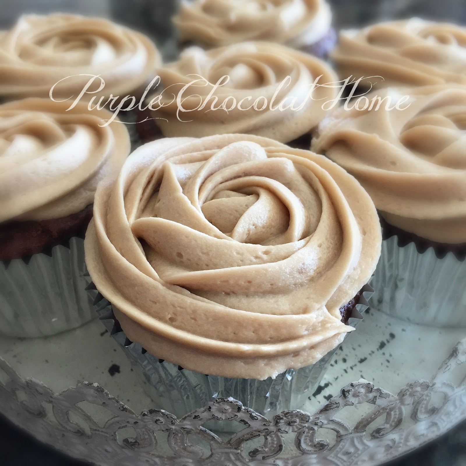 Salted Caramel Frosted Cupcakes with Salted Caramel Filling Purple