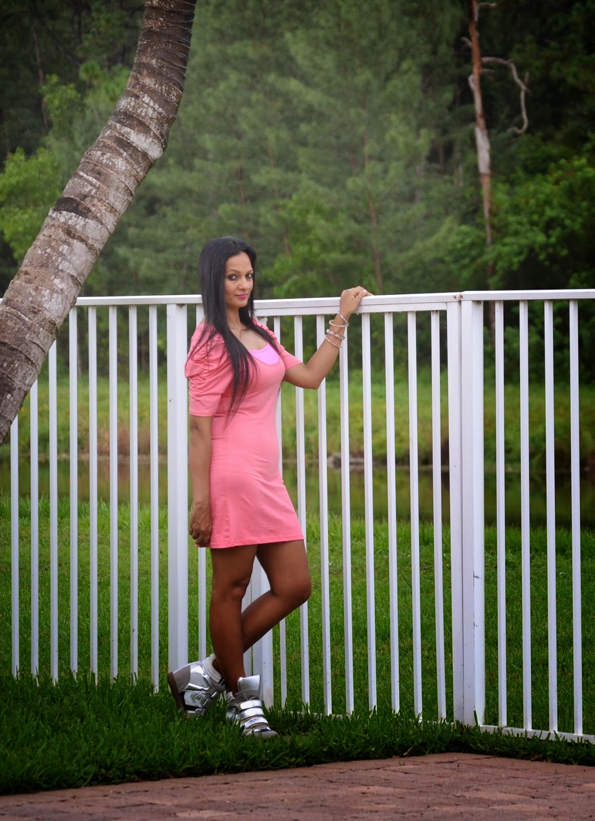 pink dress with sneakers