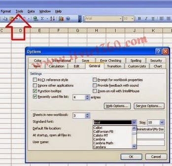 Thiết lập mặc định Font trong Excel 2003