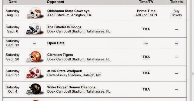 Florida State Seminoles Football Schedule (FSU)2014 ~ Famous Celebrities