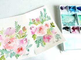 Two watercolor flower paintings by Elise Engh