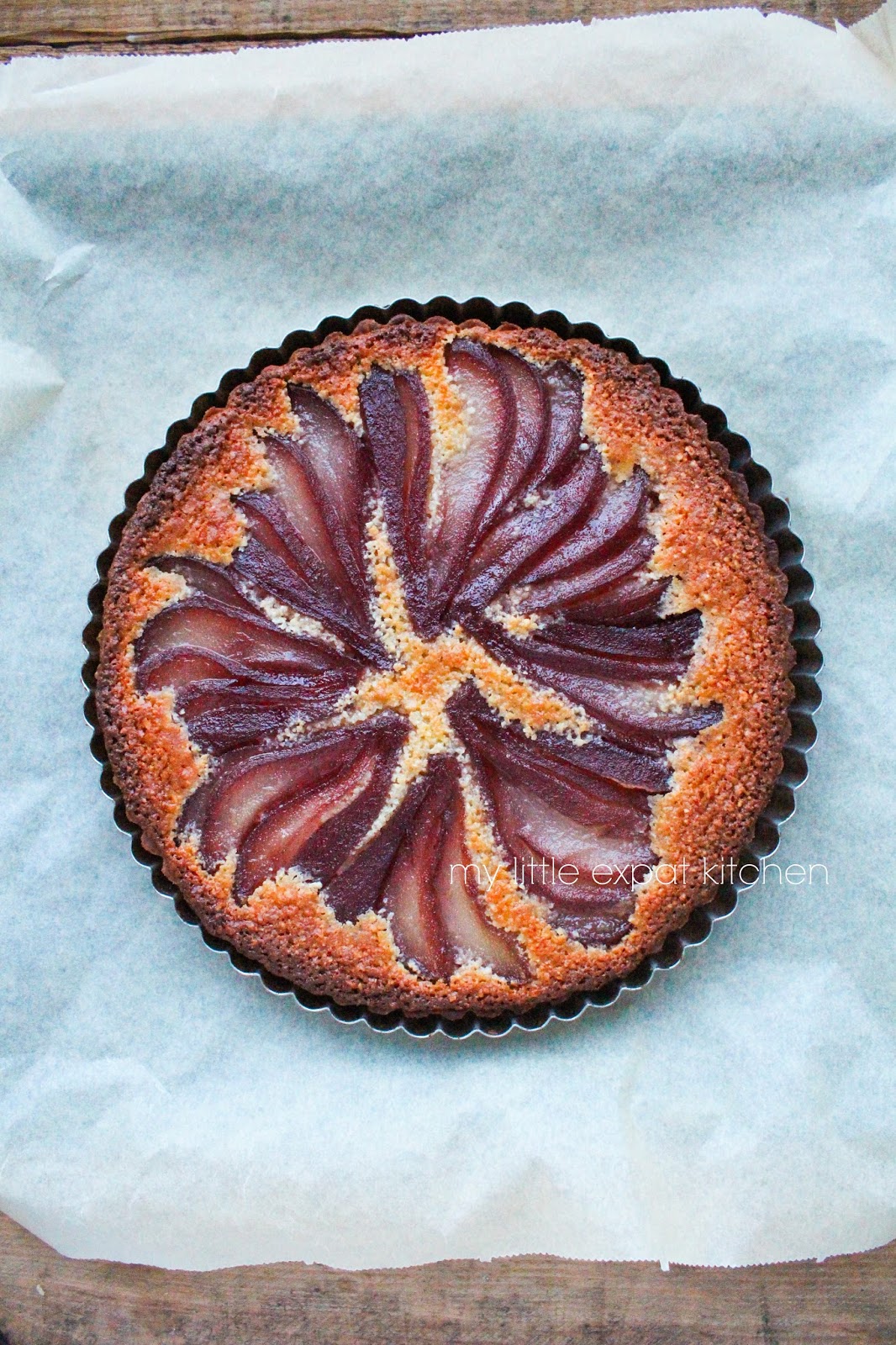 My Little Expat Kitchen Spiced redwine poached pear and frangipane tart