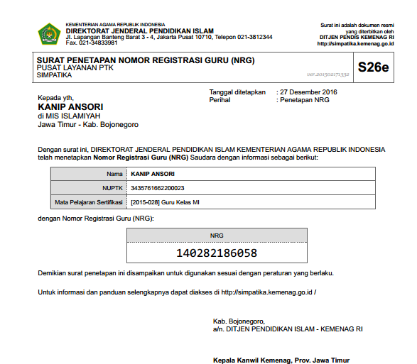 Contoh Nomor Sertifikasi Guru Guru Paud