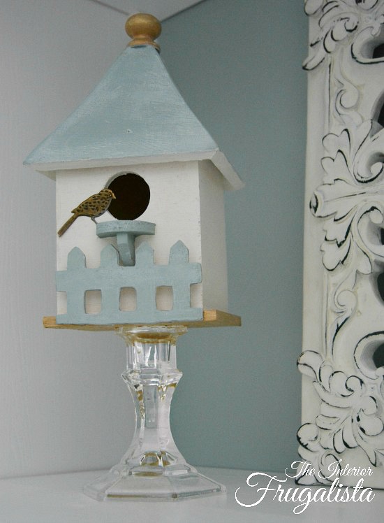 Easy DIY Indoor Birdhouse Decor for under $5 with dollar store birdhouses and glass or wood candlesticks, for budget-friendly Spring or Summer decor.