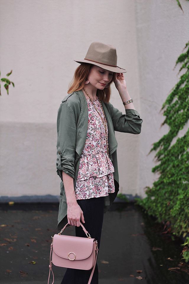 blush pink and olive green outfits