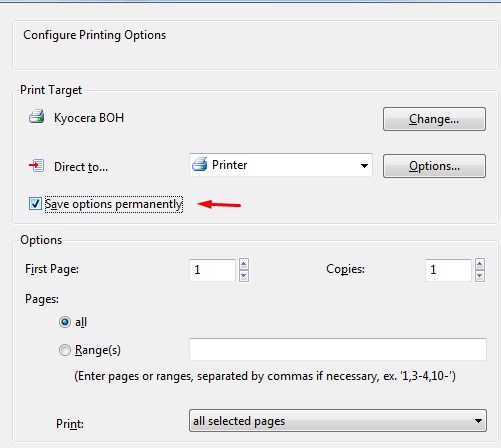 Config option. System-config-printer. save options.