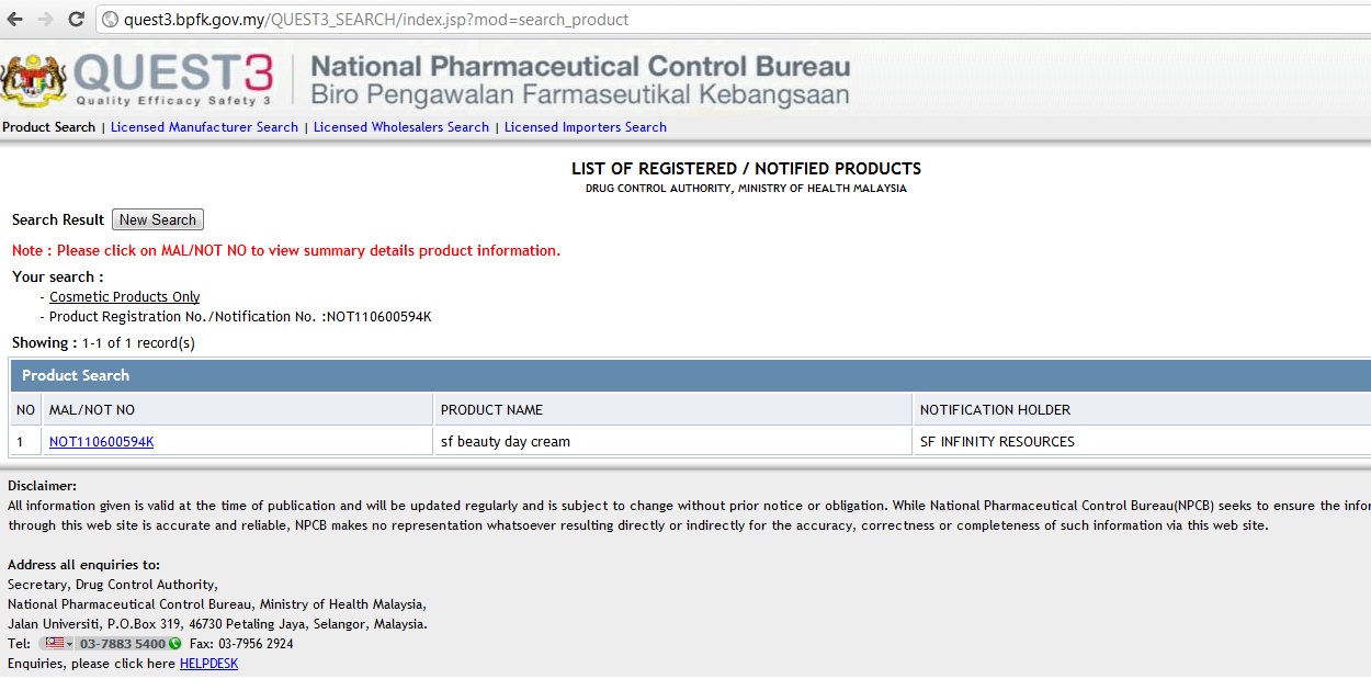 National Pharmaceutical Control Bureau Ministry of Health Malaysia. Product registration