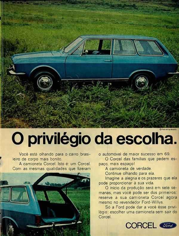 Propaganda do Ford Corcel em 1969: amplo espaço interno e do bagageiro.