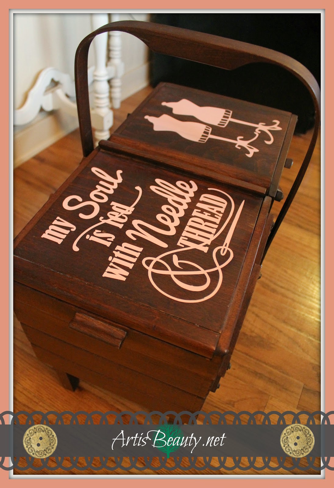 my soul is fed with needle and thread vintage accordian sewing box makeover silhouette vinyl cutting machine