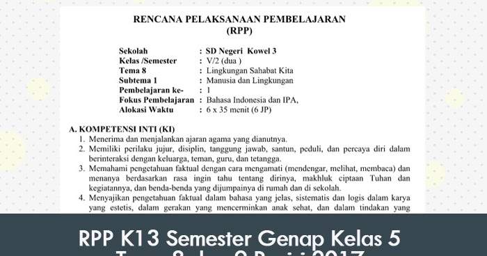 RPP K13 Semester Genap Kelas 5 Tema 8 dan 9 Revisi 2020 RPP K13 Semester Genap Kelas 5 Tema 8 dan 9 Revisi 2020