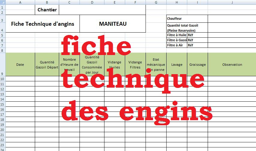 besoin d'un modèle de fiche technique des engins de chantier