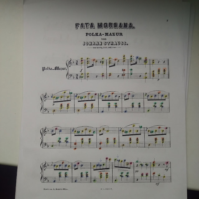Evelina's coloured-in musical notes #2 - 'Fata Morgana. Polka-Mazur von Johann Strauss'