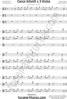  Viola Partitura de Canon Infantil a tres voces Sheet Music for Viola Music Score