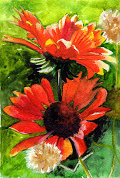 orange watercolor flowers painting bunny artwork