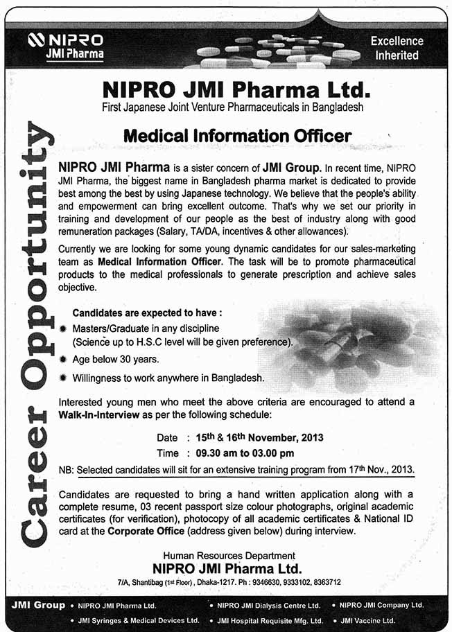 Jobs Barta Nipro JMI Pharma Ltd Bangladesh Jobs Circular, Post MIO.