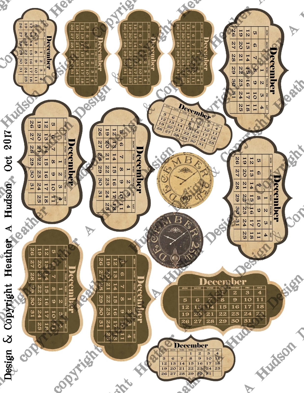 Heather A Hudson New Vintage December Calendar Digital Collage Sheet Set