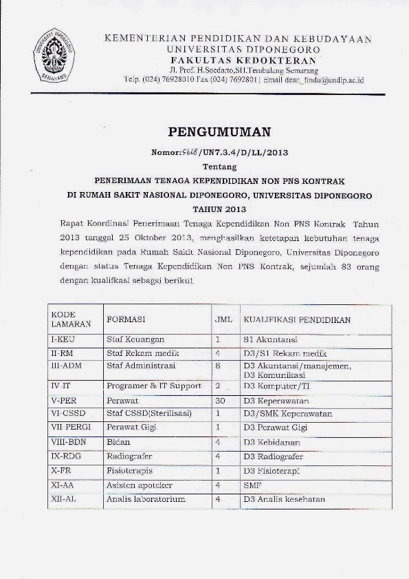 Penerimaan Tenaga Kependidikan Non PNS Kontrak Rumah Sakit Nasional Diponegoro, Universitas Diponegoro http://indonersiacenter.blogspot.com/
