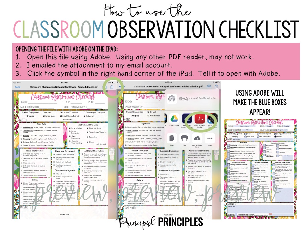 Classroom Observation Checklist Digital Principal Principles