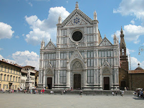 The facade of the beautiful Basilica of Santa Croce in Florence,  where Bracciolini was buried in illustrious company