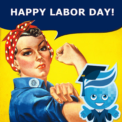 Rosie the Riveter with Rio mascot Splash in graduation cap and gown.  Text: Happy Labor Day