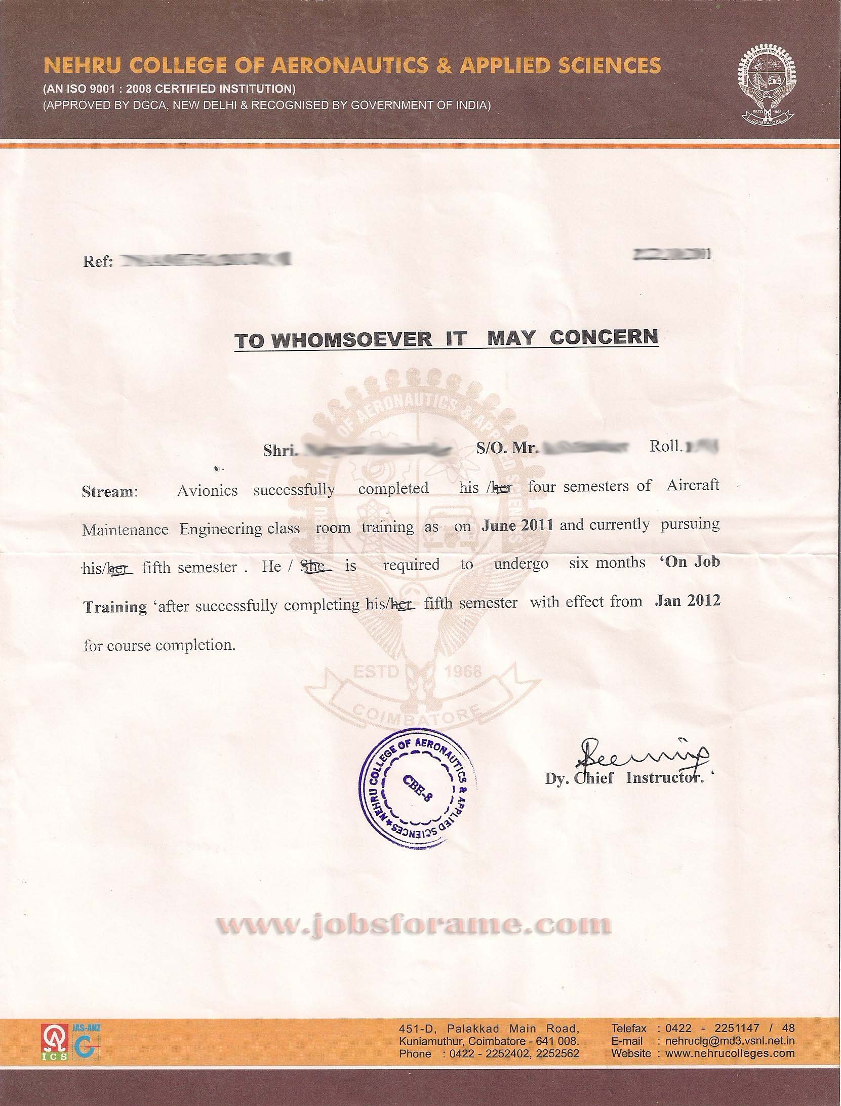 Sample Bonafide Certificate Format For AME OJT AME Guide
