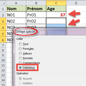 Copier coller validation de données