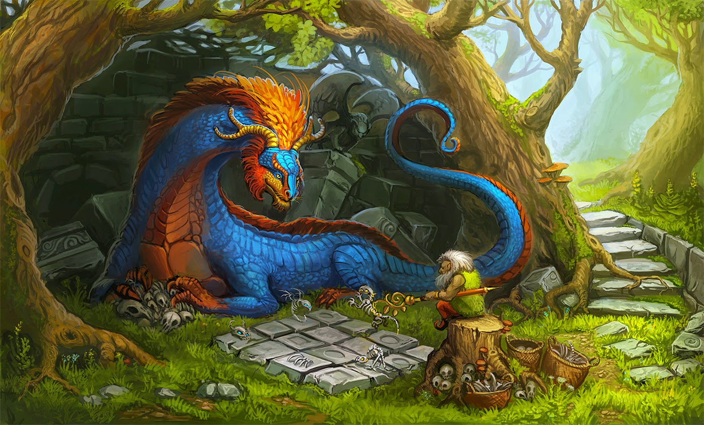 Ippogrifo femmina con famiglia Nano con drago colorato