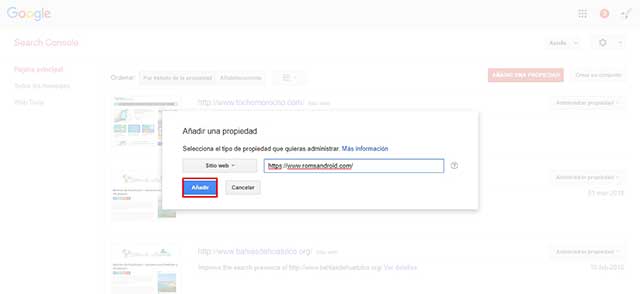 agregar el dominio con HTTPS como propiedad en Search Console