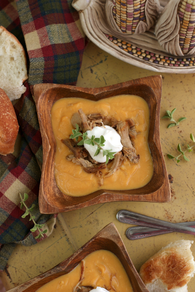 Roasted Butternut Squash Soup with Shredded Turkey is a silky, smooth, and comforting soup that is elevated by topping it with shredded turkey, sour cream, and a sprinkling of fresh herbs.