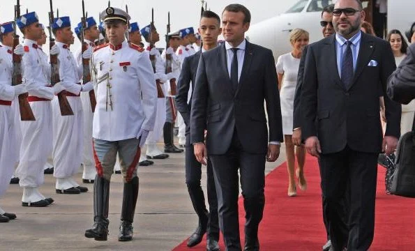 King Mohammed, Princess Lalla Salma and Prince Moulay Rachid, President Emmanuel Macron and Brigitte Macron at Rabat Airport