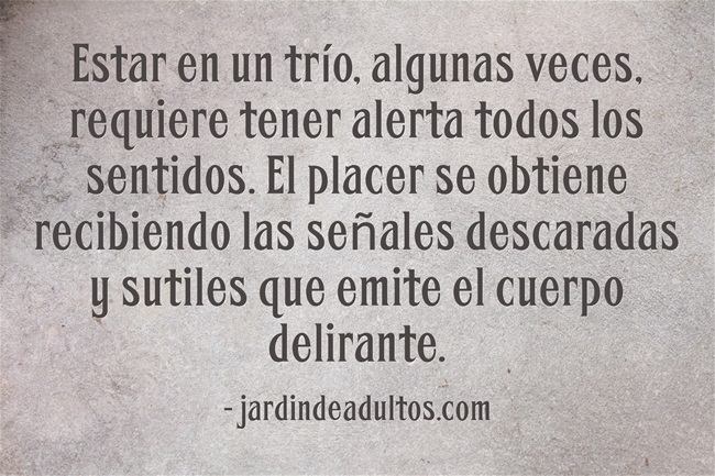 Frases sobre trios sexuales. Vida swinger Estar en un trío, algunas veces, requiere tener alerta todos los sentidos. El placer se obtiene recibiendo las señales descaradas y sutiles que emite el cuerpo delirante.