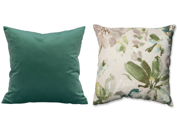 Pairing and styling throw pillows: Here's how to get the Elegant Artist style using blue and green watercolor floral and clover green velvet pillows from Amazon.