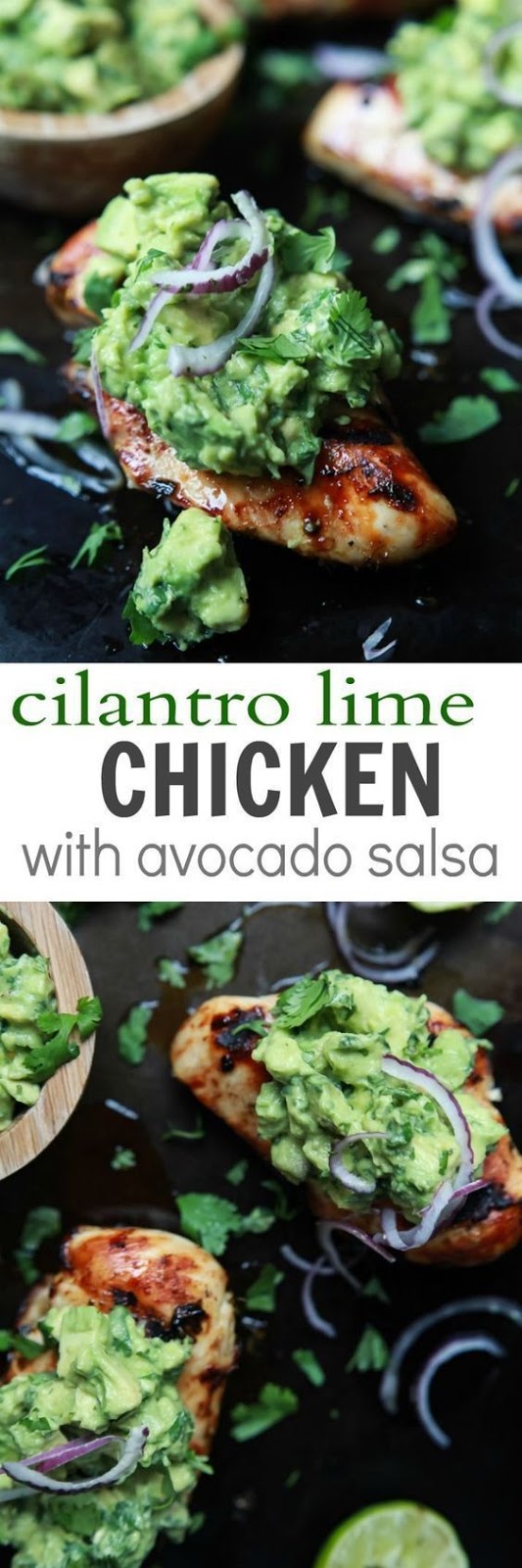 Tender Juicy Cilantro Lime Chicken made with a quick marinade then grilled to lock in all the flavors. This paleo chicken recipe is topped with a fresh zesty Avocado Salsa - a healthy, easy, 30 minute meal you'll love. Tender Juicy Cilantro Lime Chicken made with a quick marinade then grilled to lock in all the flavors. This paleo chicken recipe is topped with a fresh zesty Avocado Salsa - a healthy, easy, 30 minute meal you'll love.