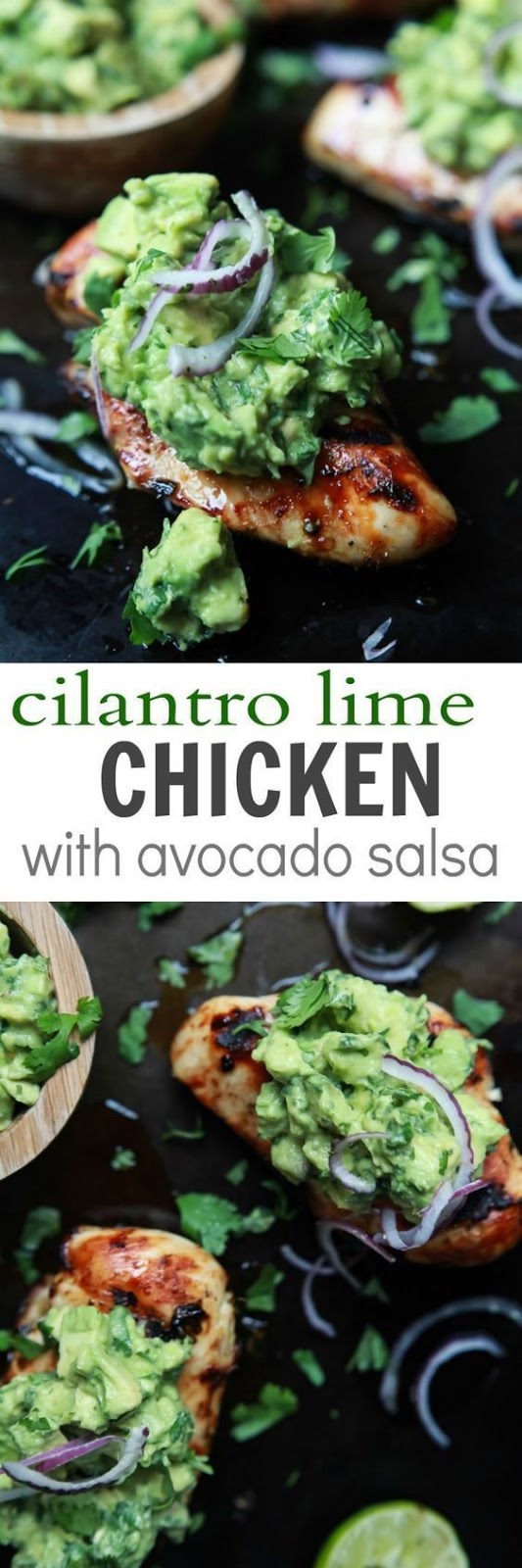 Tender Juicy Cilantro Lime Chicken made with a quick marinade then grilled to lock in all the flavors. This paleo chicken recipe is topped with a fresh zesty Avocado Salsa - a healthy, easy, 30 minute meal you'll love.